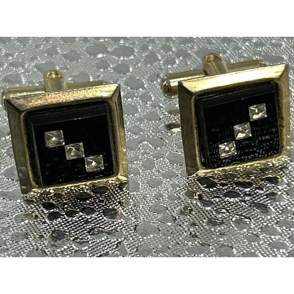 Vintage Gold Tone Square Cufflinks Black Rhinestone Mid Century Formal Mens